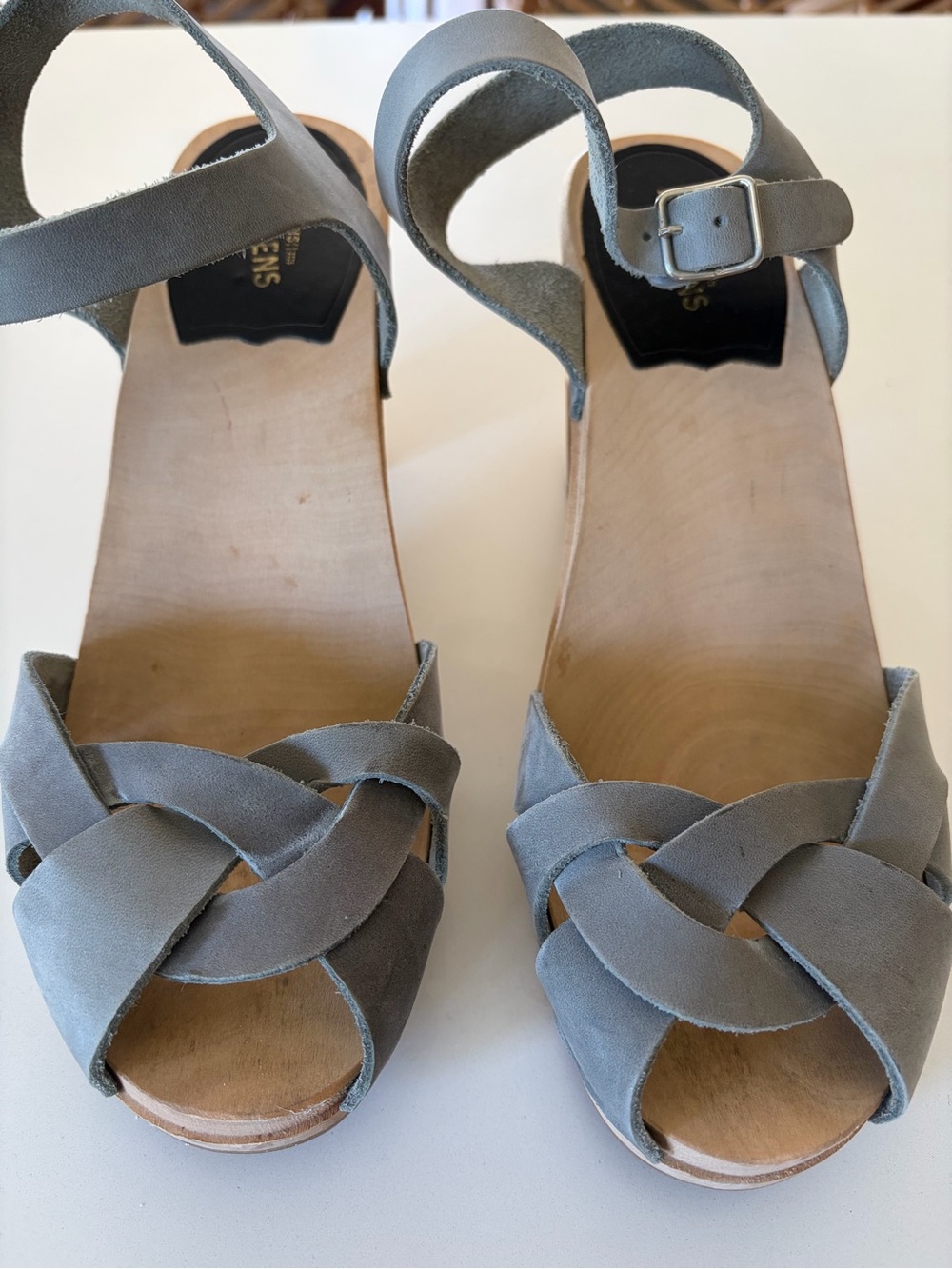 Swedish Hasbeens Gray Woven Leather Ankle-Strap Sandals